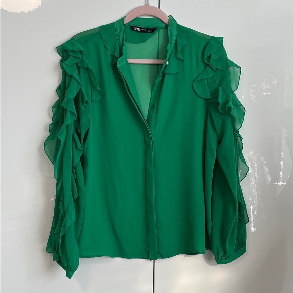 ZARA Emerald Green Ruffle Sleeve Blouse Mandarin Collar Pearl Button, Size M